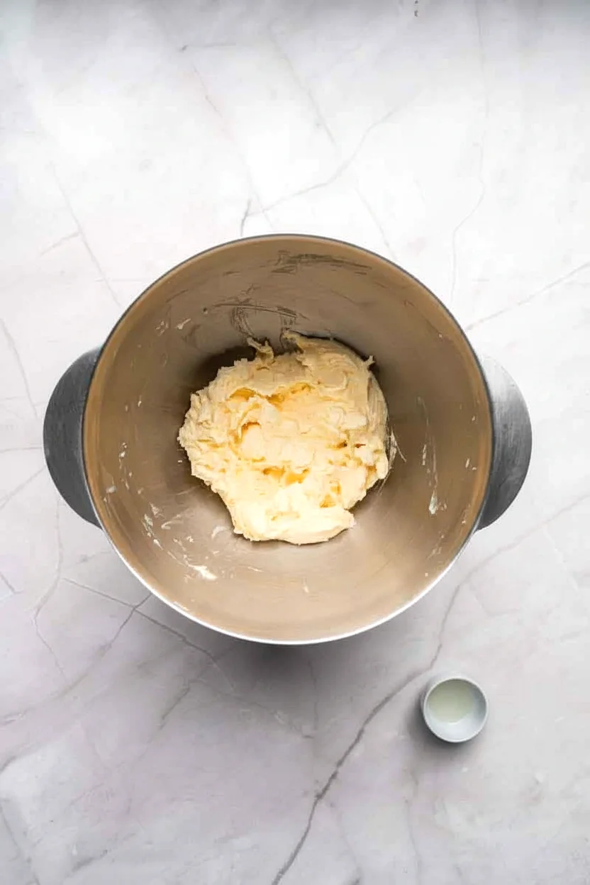 Wet cookie dough mixed smooth in the bowl