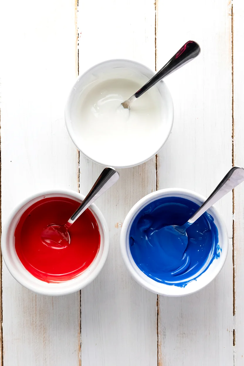 Red white and blue candy melts ready for patriotic popcorn