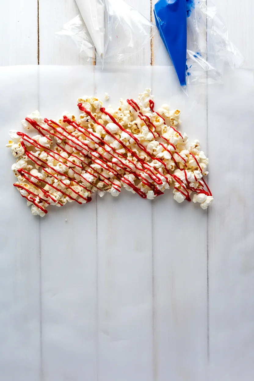 Popcorn finished with red white and blue candy drizzle