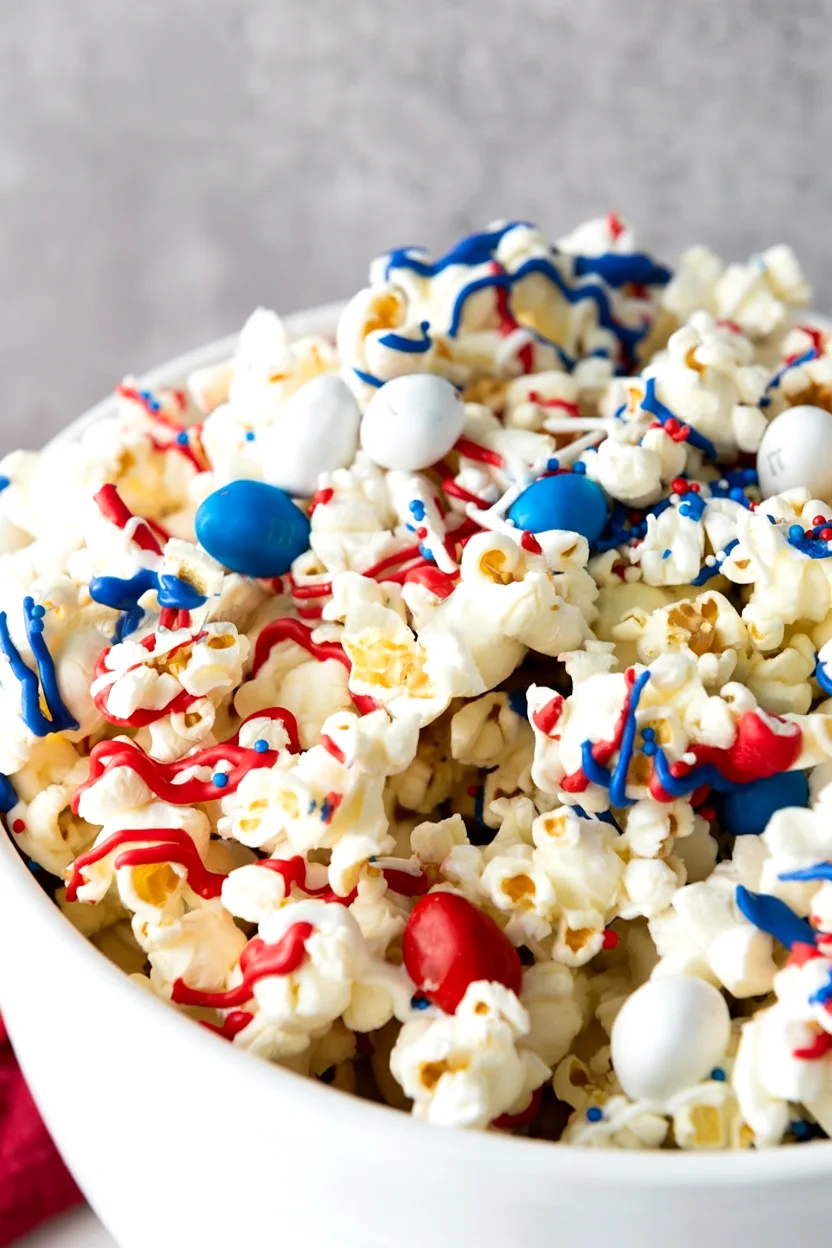 Finished patriotic popcorn with red white and blue drizzle and candy