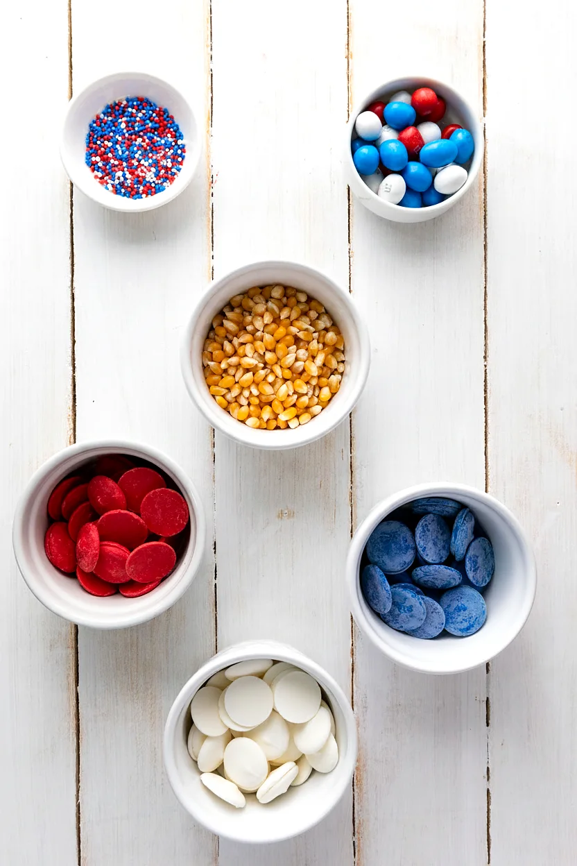 Ingredients for patriotic popcorn with candy melts candy coated chocolates popcorn and sprinkles