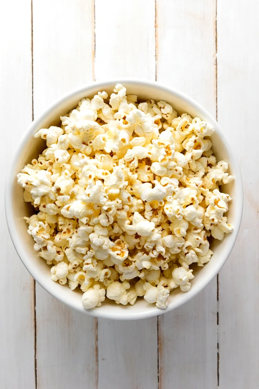 Plain popped popcorn in a bowl