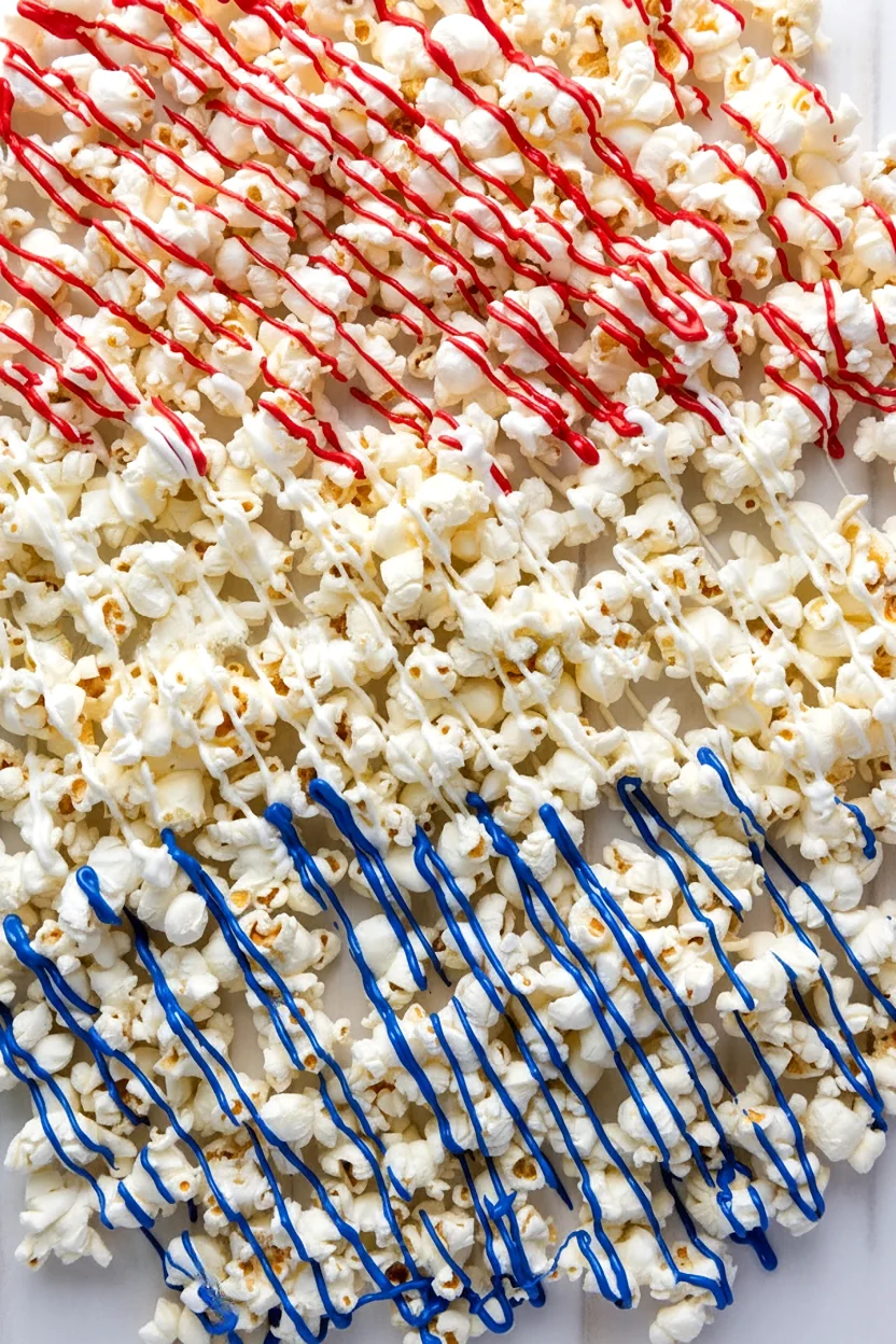 Patriotic popcorn covered with red and blue drizzle
