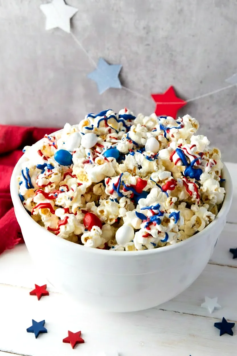 Patriotic popcorn served in a white bowl with red white and blue colors