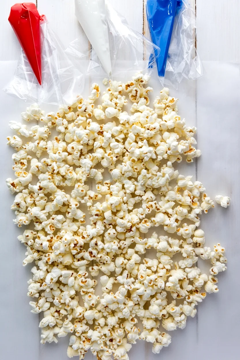 Popcorn spread on parchment for candy drizzle
