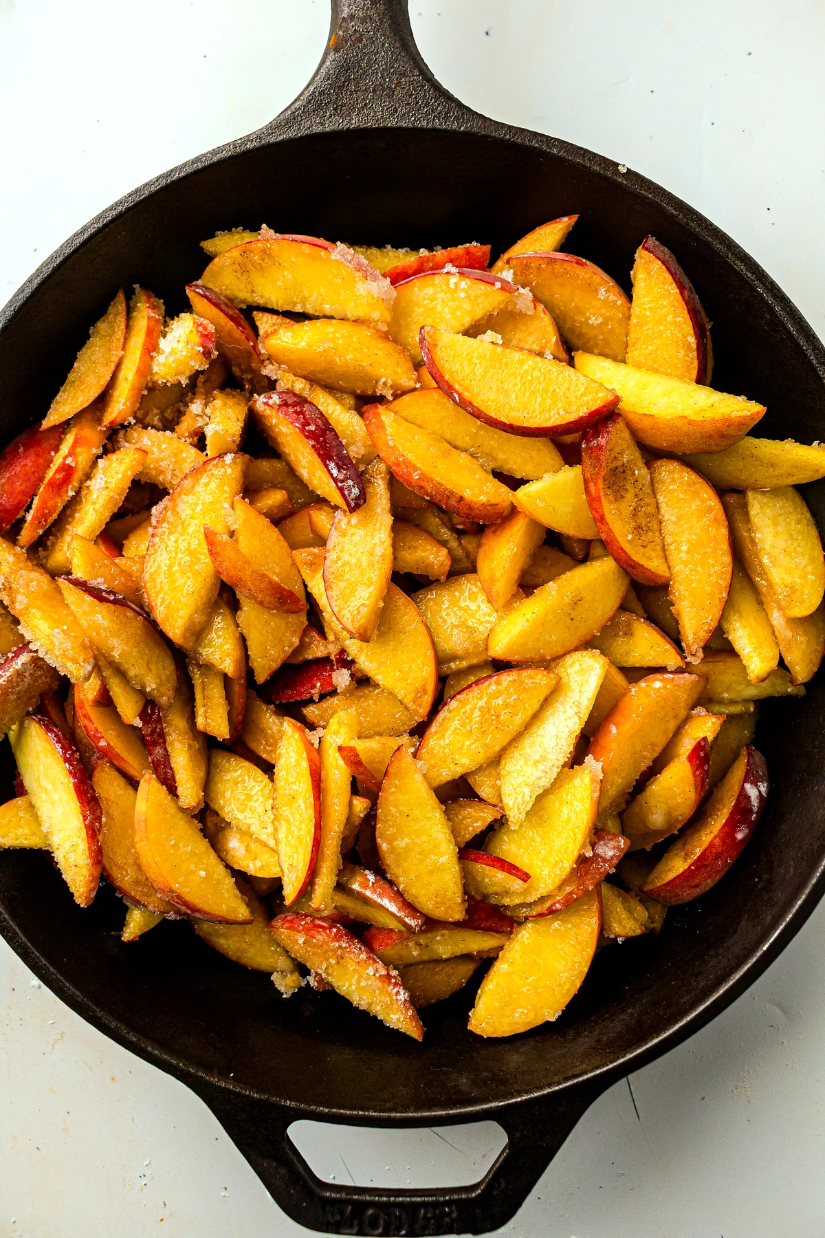 Peach filling spread in a skillet
