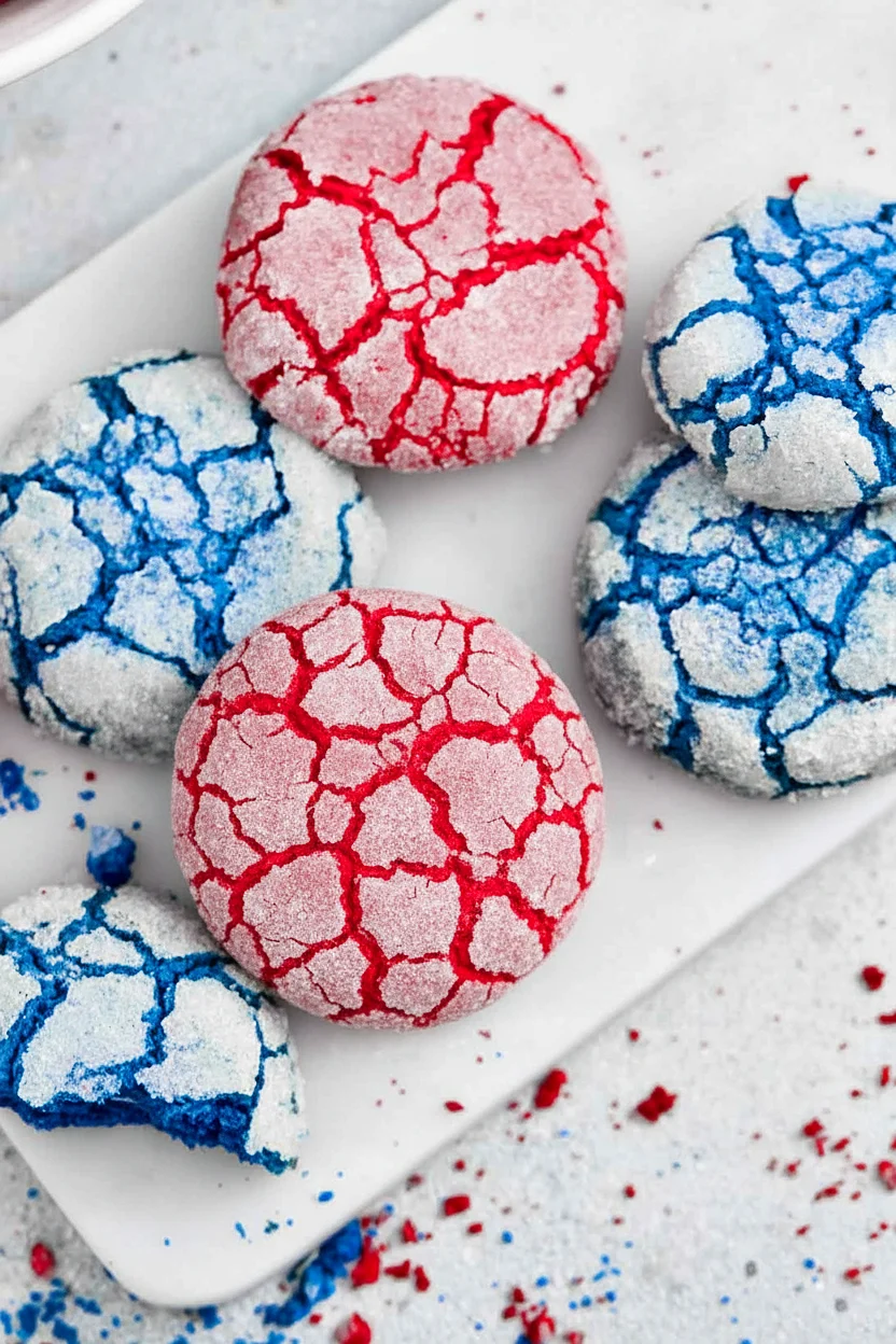 Red and blue crinkle cookies served in a white ceramic bowl