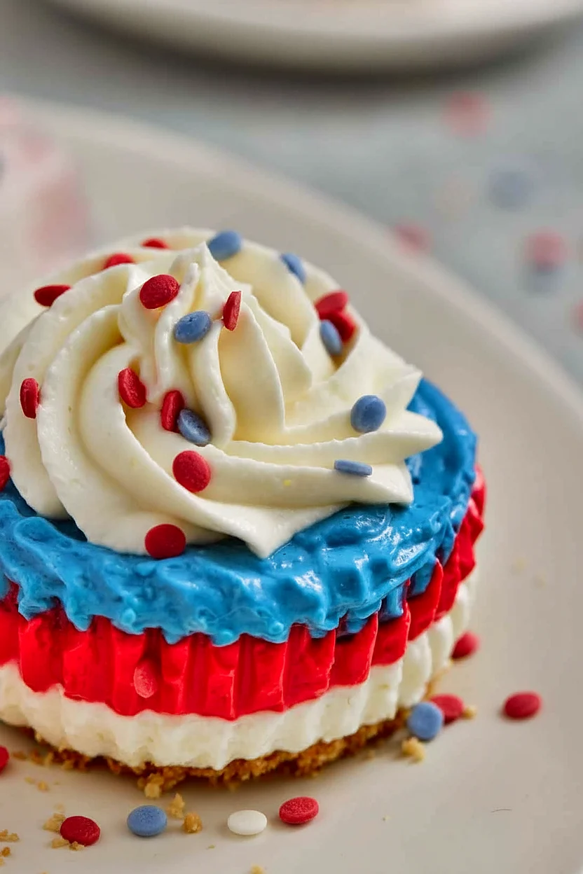 Closeup of red white and blue mini cheesecakes with whipped cream swirls and sprinkles