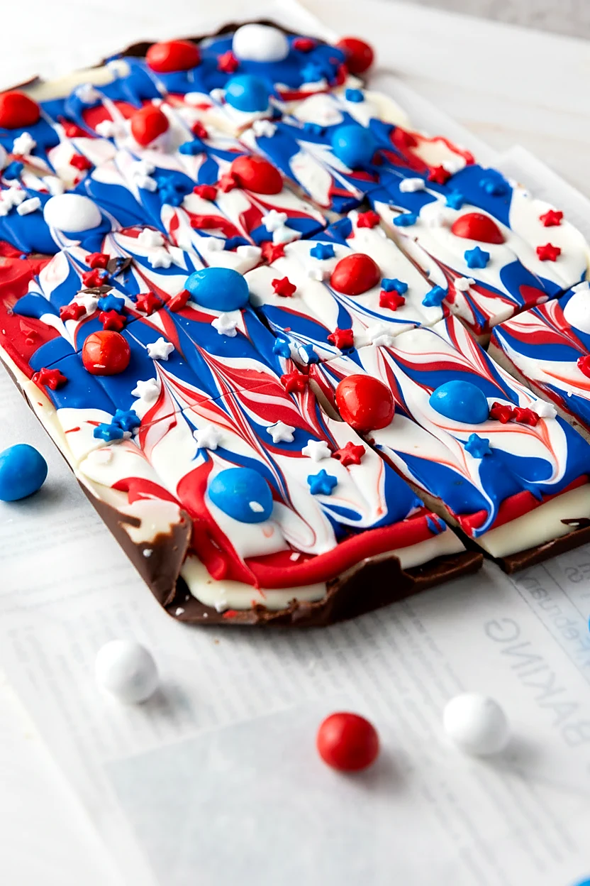 Broken pieces of red white and blue chocolate bark on a table
