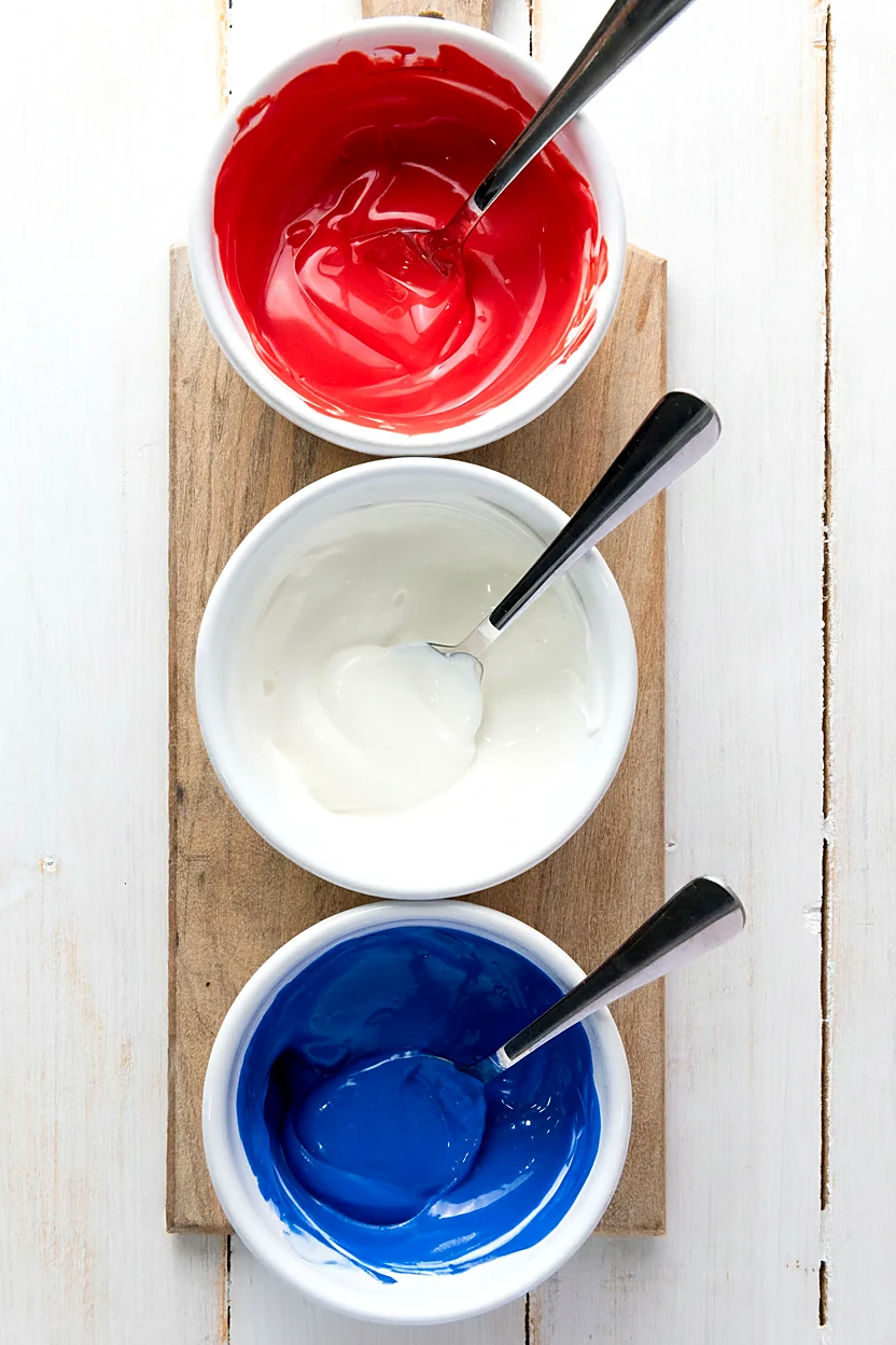 Red white and blue candy melts in bowls for patriotic chocolate bark