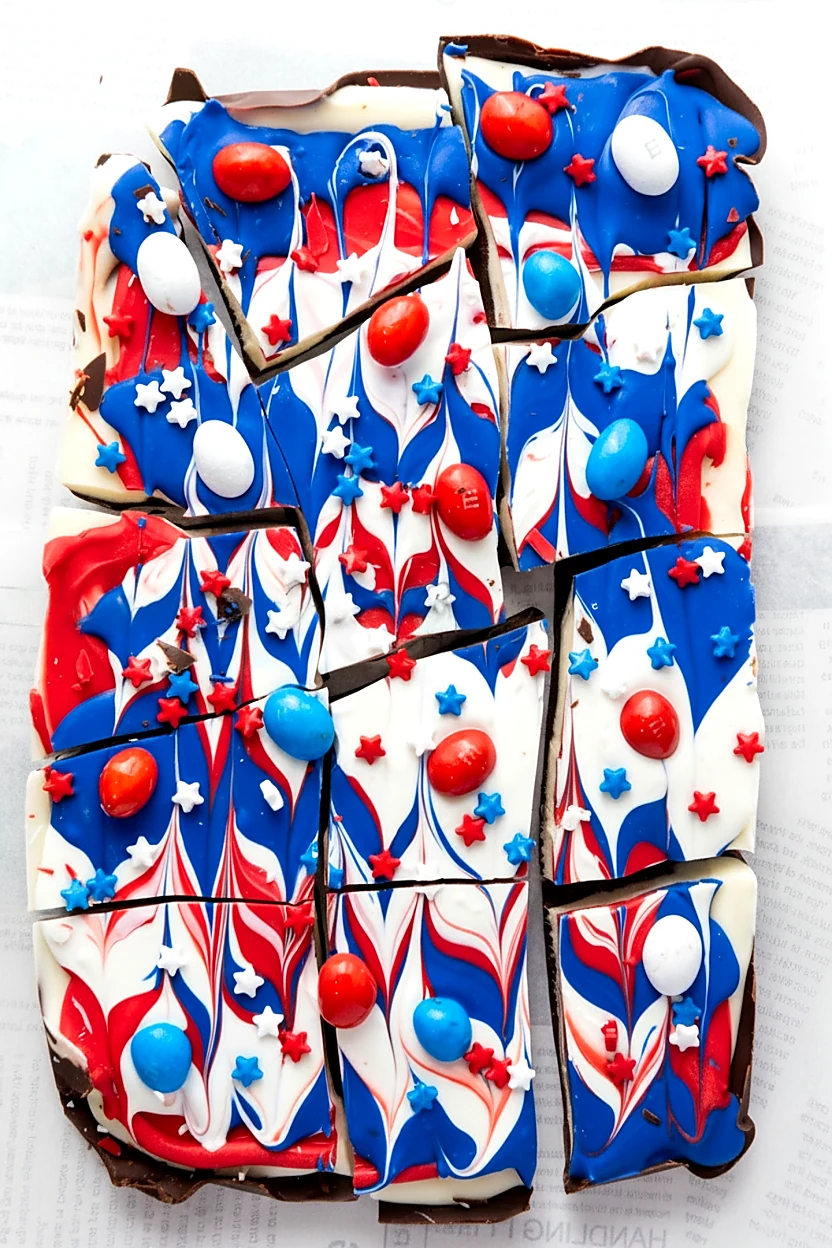 Red white and blue chocolate bark cut into pieces in the pan