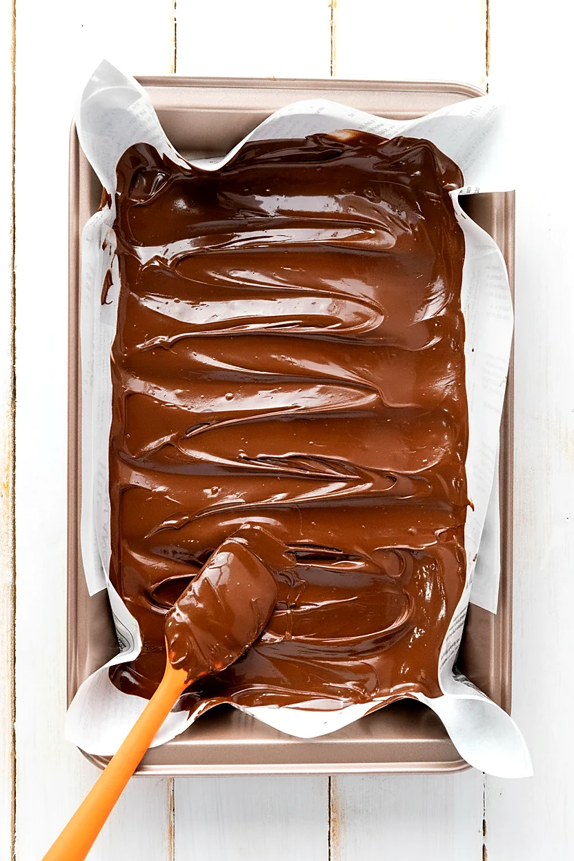 Dark chocolate spread into a parchment lined pan for bark