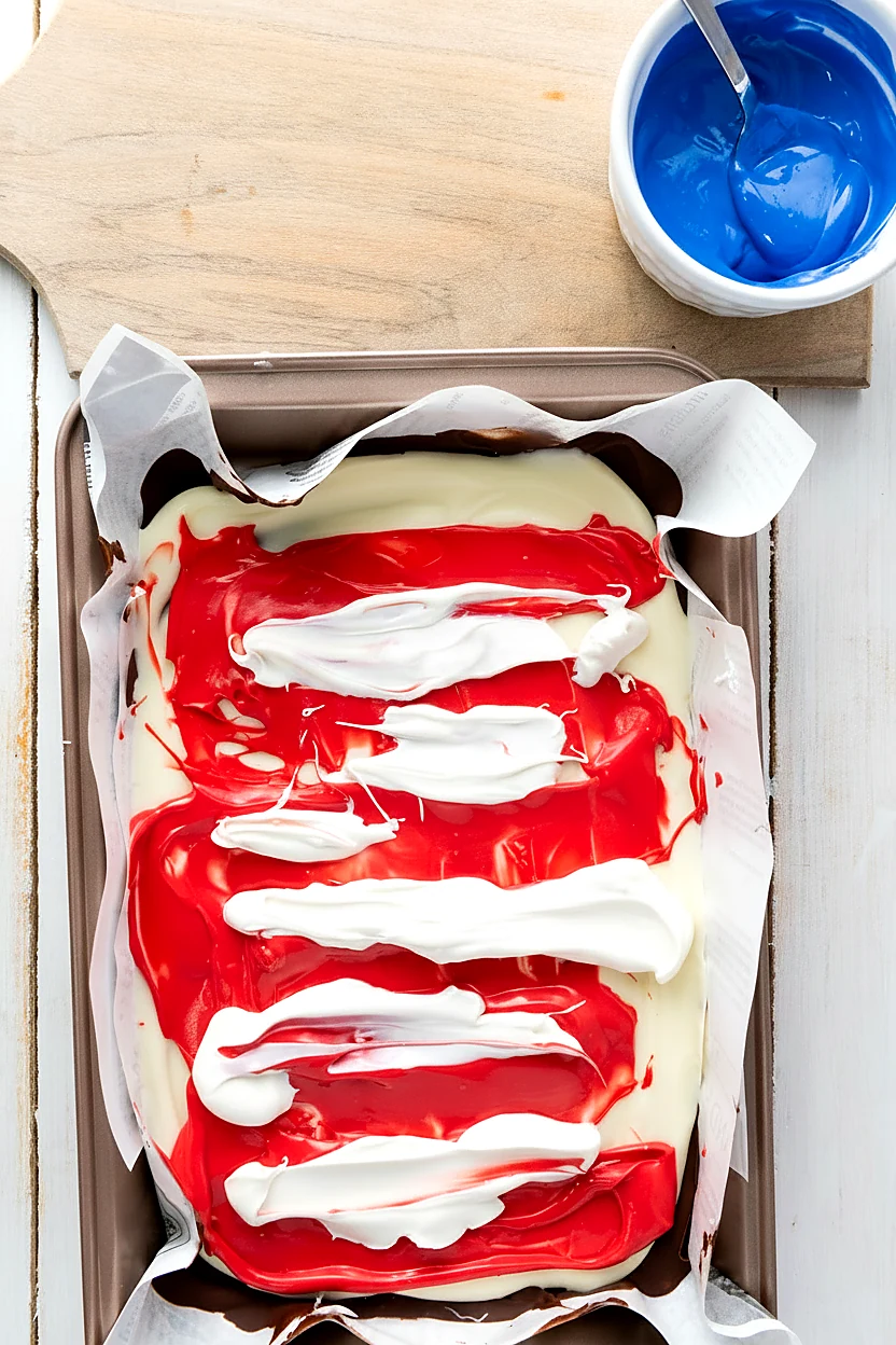 Red candy melt stripes added to white chocolate bark layer