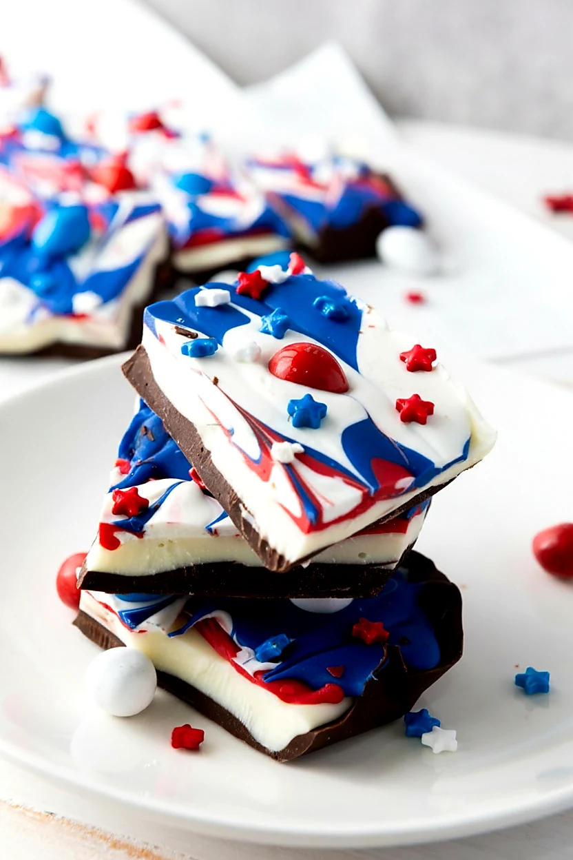 Stacked red white and blue chocolate bark pieces on a white plate