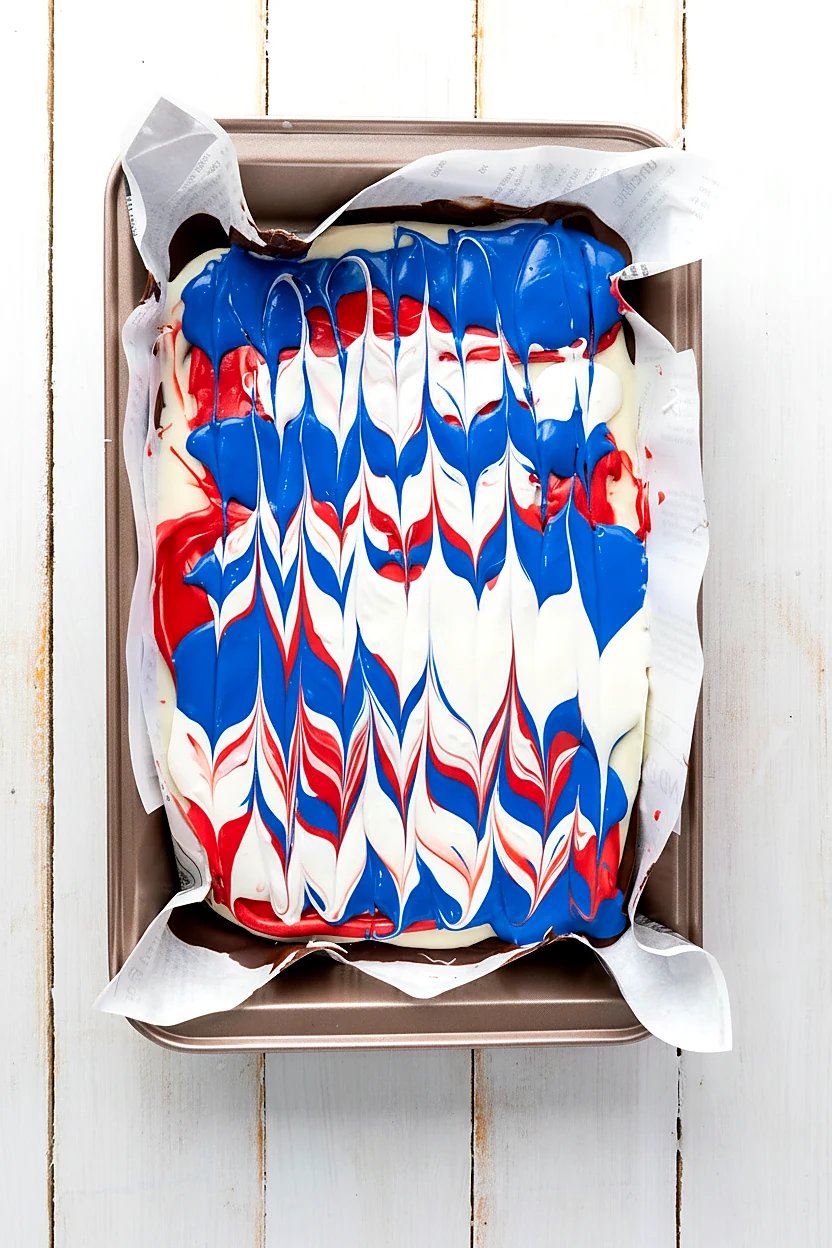 Red white and blue chocolate bark swirled in a pan