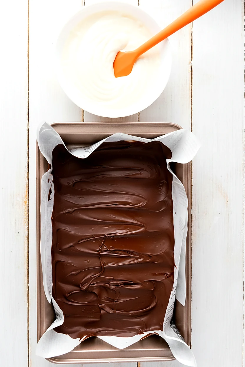 Melted white chocolate ready to pour over chocolate bark base