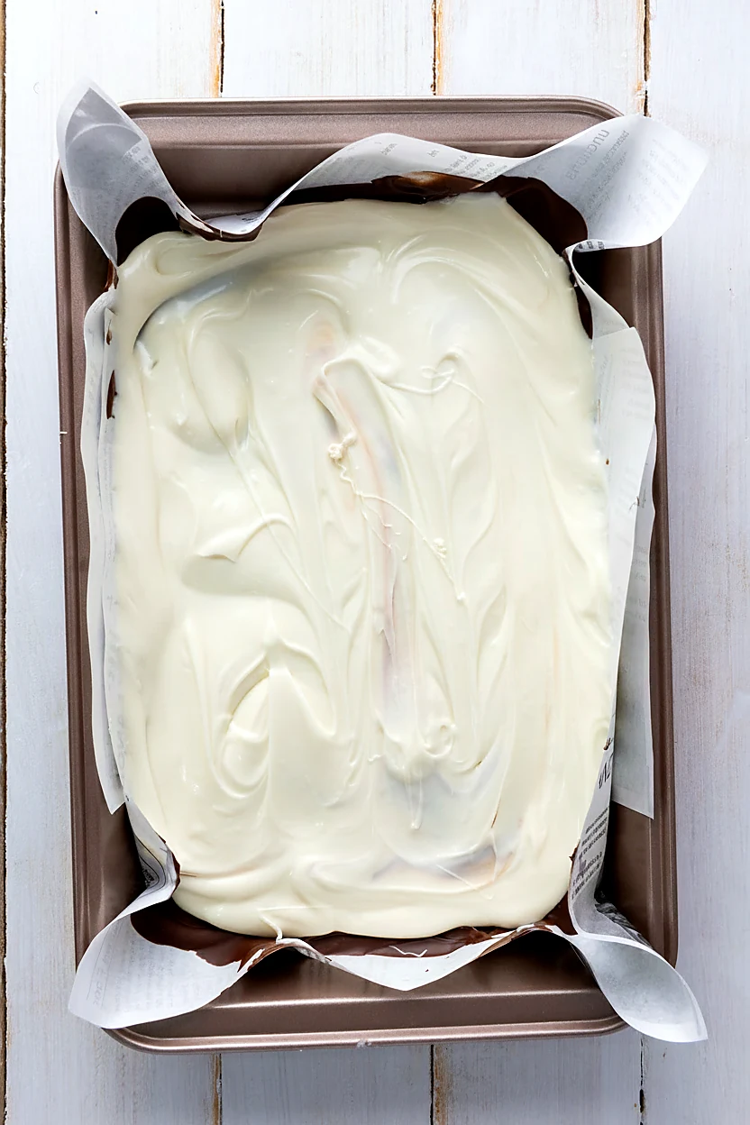 Smooth white chocolate layer spread over dark chocolate bark base