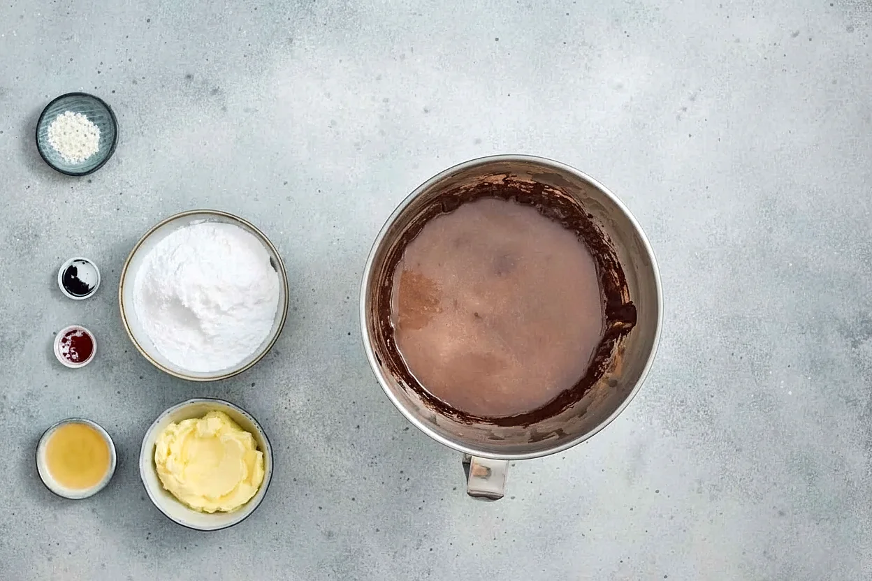 Smooth chocolate cupcake batter ready to bake