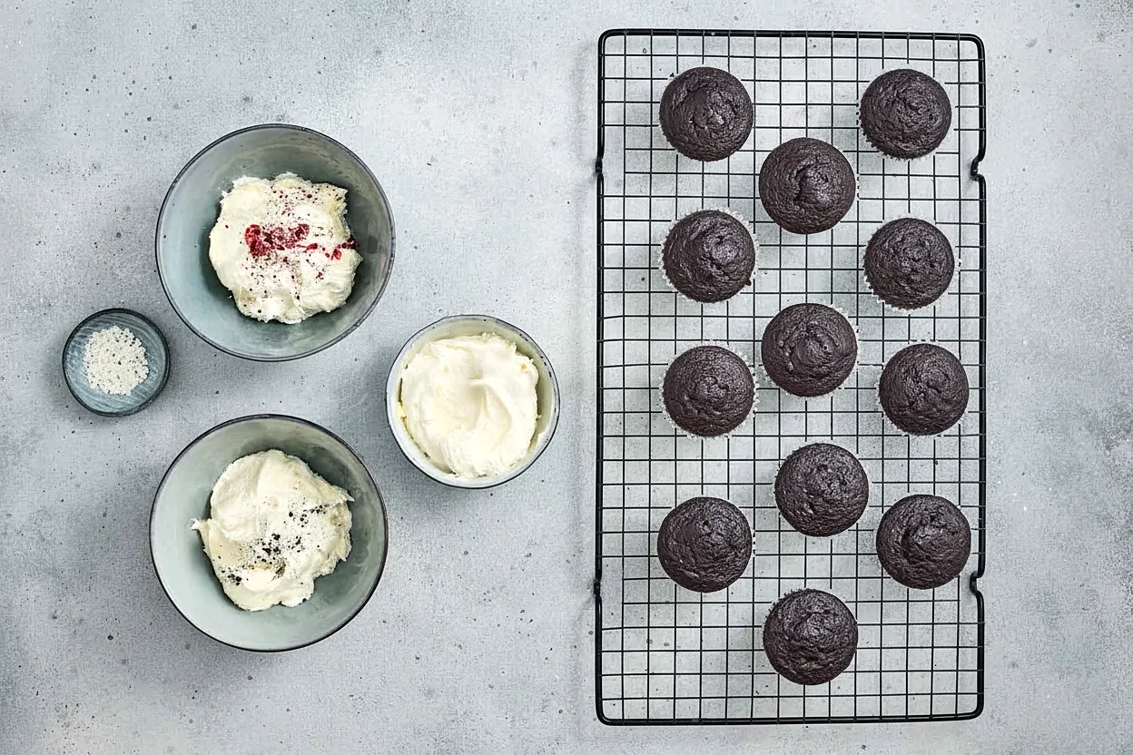 Baked chocolate cupcakes cooled on a rack
