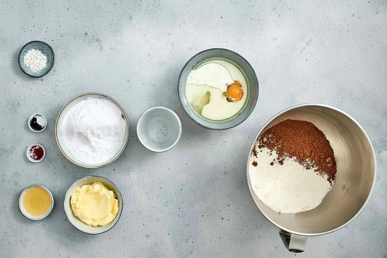 Dry chocolate cupcake ingredients in a mixing bowl
