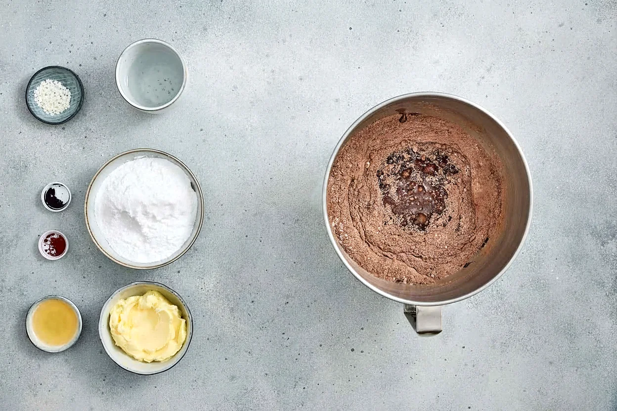 Chocolate cupcake dry mix combined in a bowl