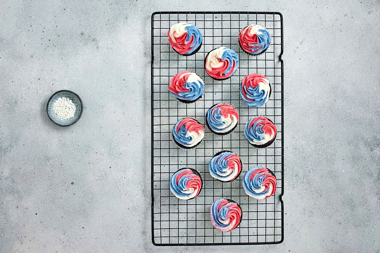 Red white and blue chocolate cupcakes frosted on a cooling rack