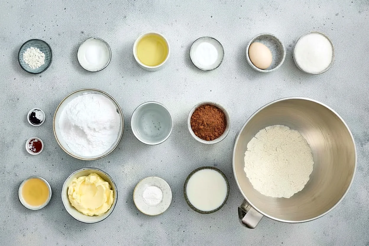 Ingredients for red white and blue chocolate cupcakes with cocoa flour butter sugar eggs and coloring