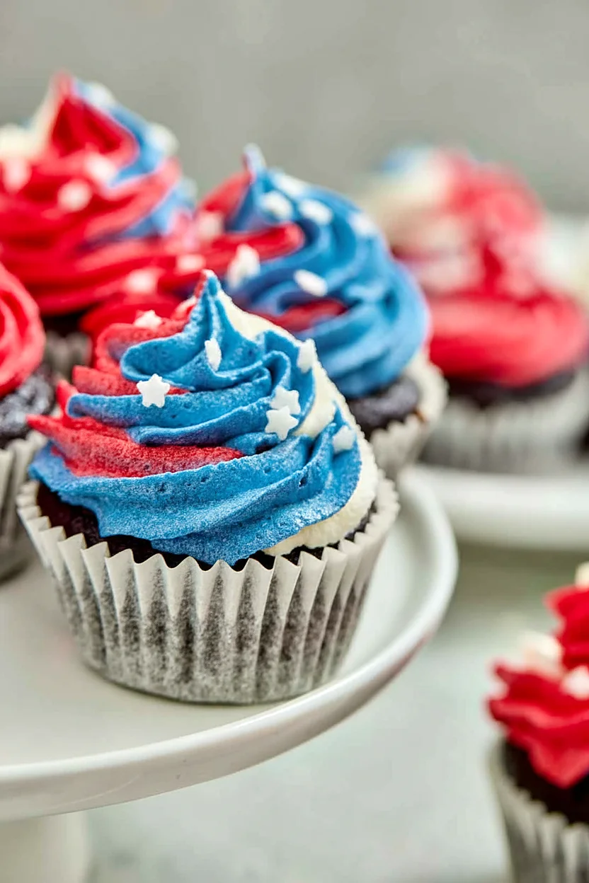 Red white and blue chocolate cupcakes arranged on a party plate