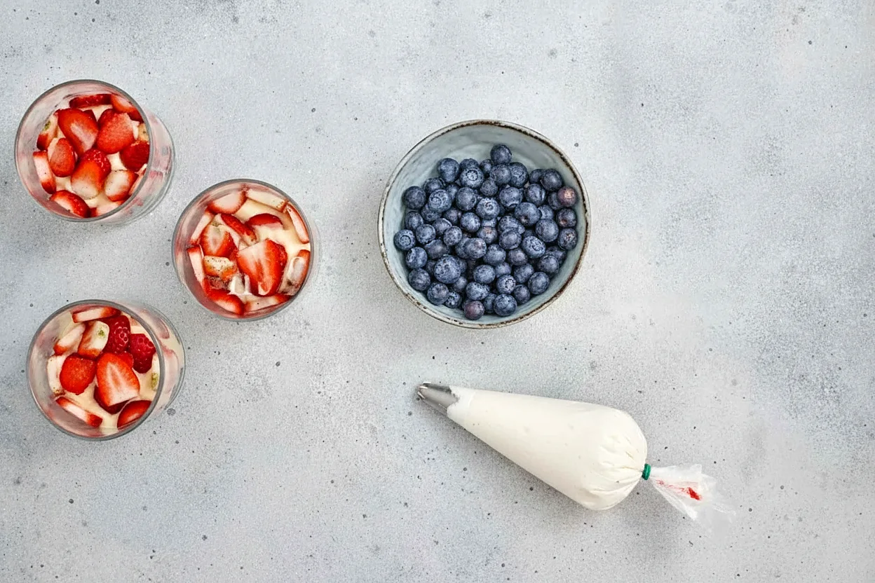 Strawberries blueberries and piping bag ready for assembly