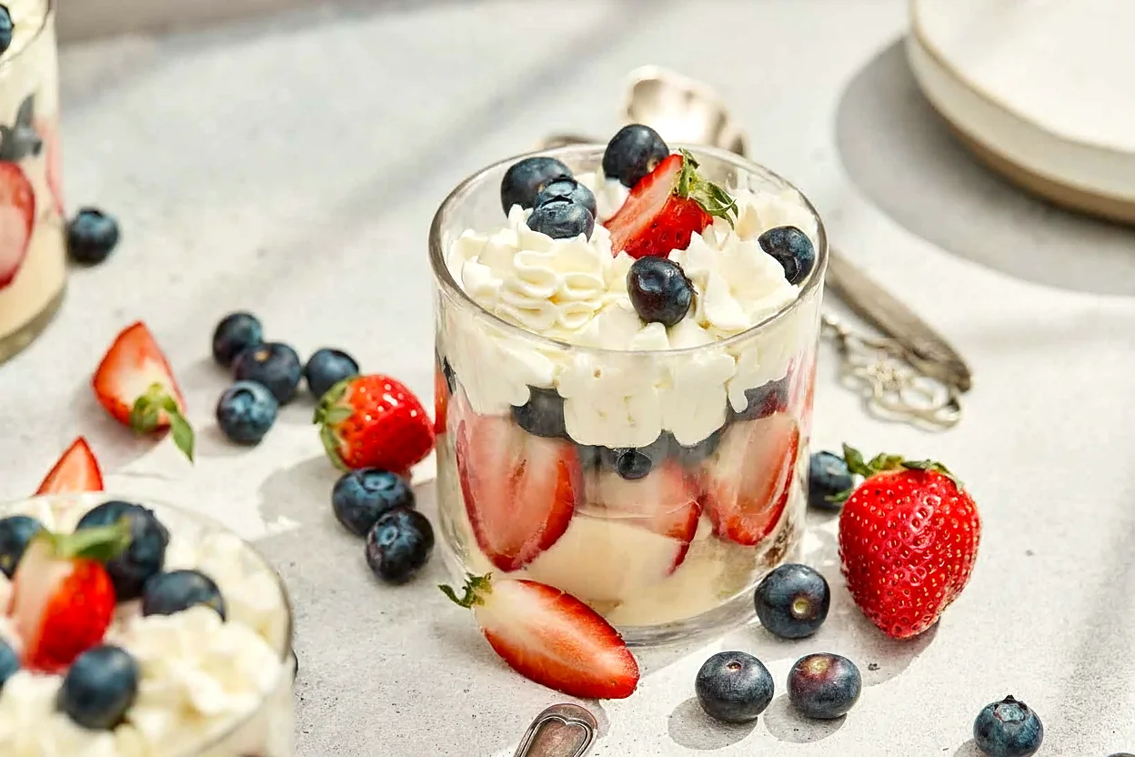 Finished red white and blue trifle cup with strawberries blueberries and whipped cream