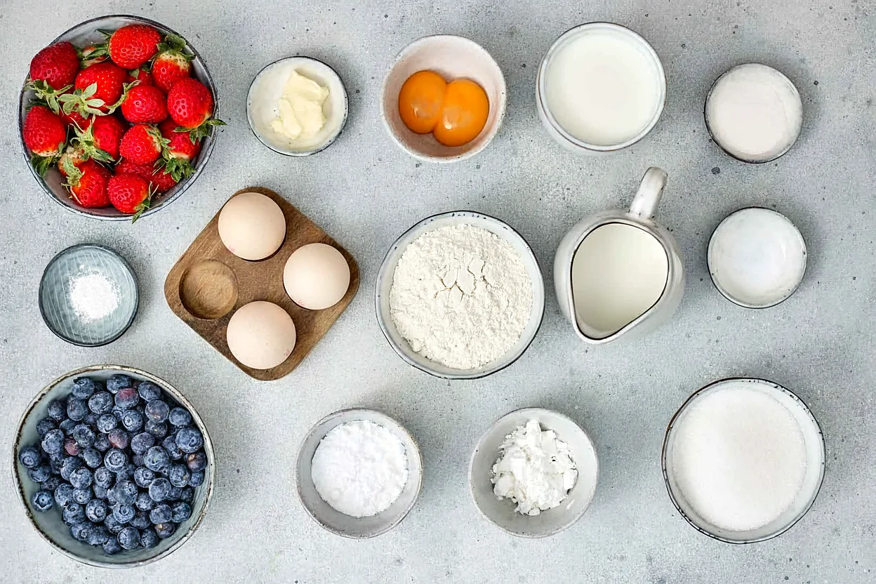 Ingredients for red white and blue trifle with berries, eggs, flour, milk, sugar, and cream