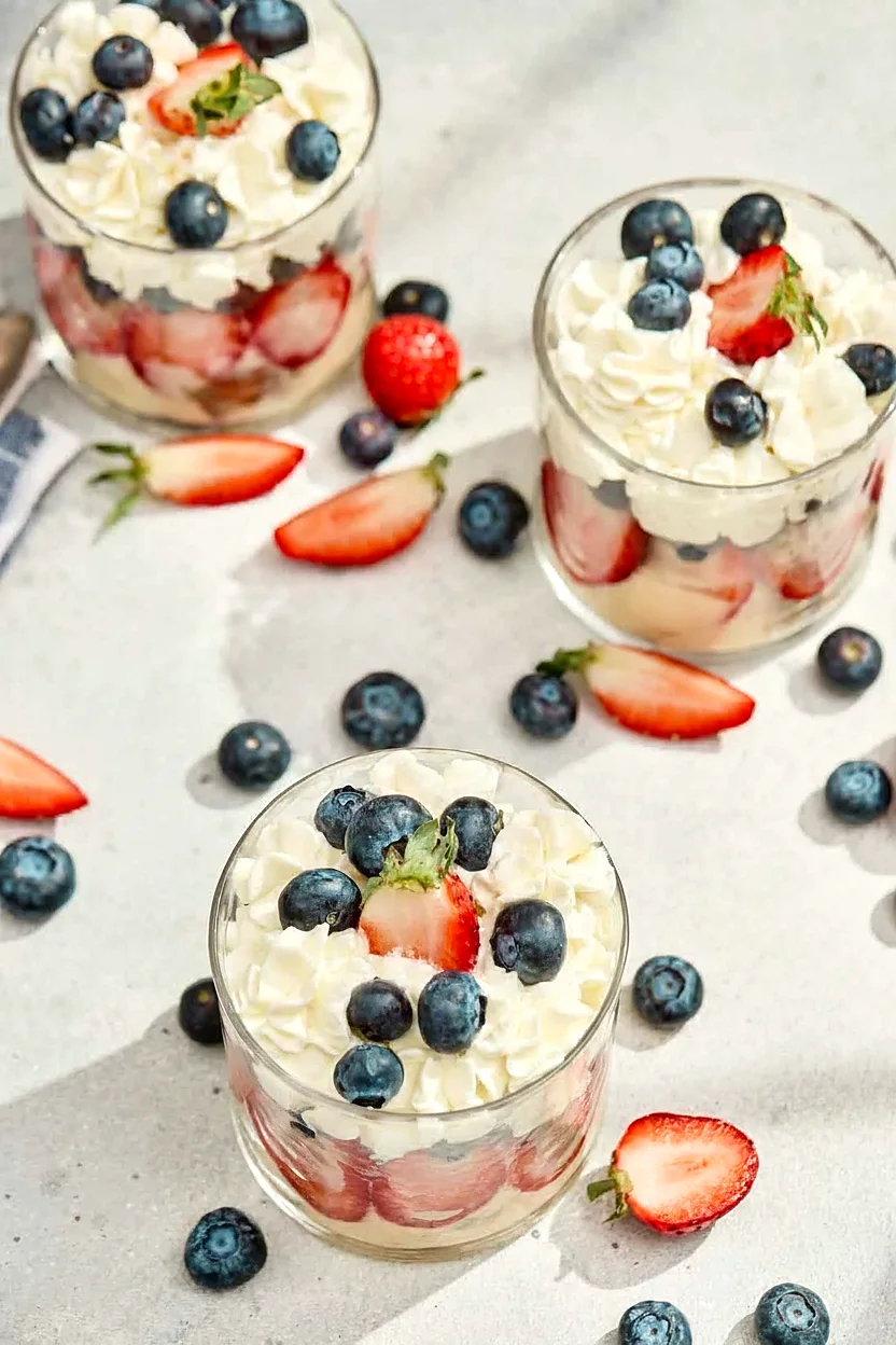 Red white and blue trifle cups arranged for serving