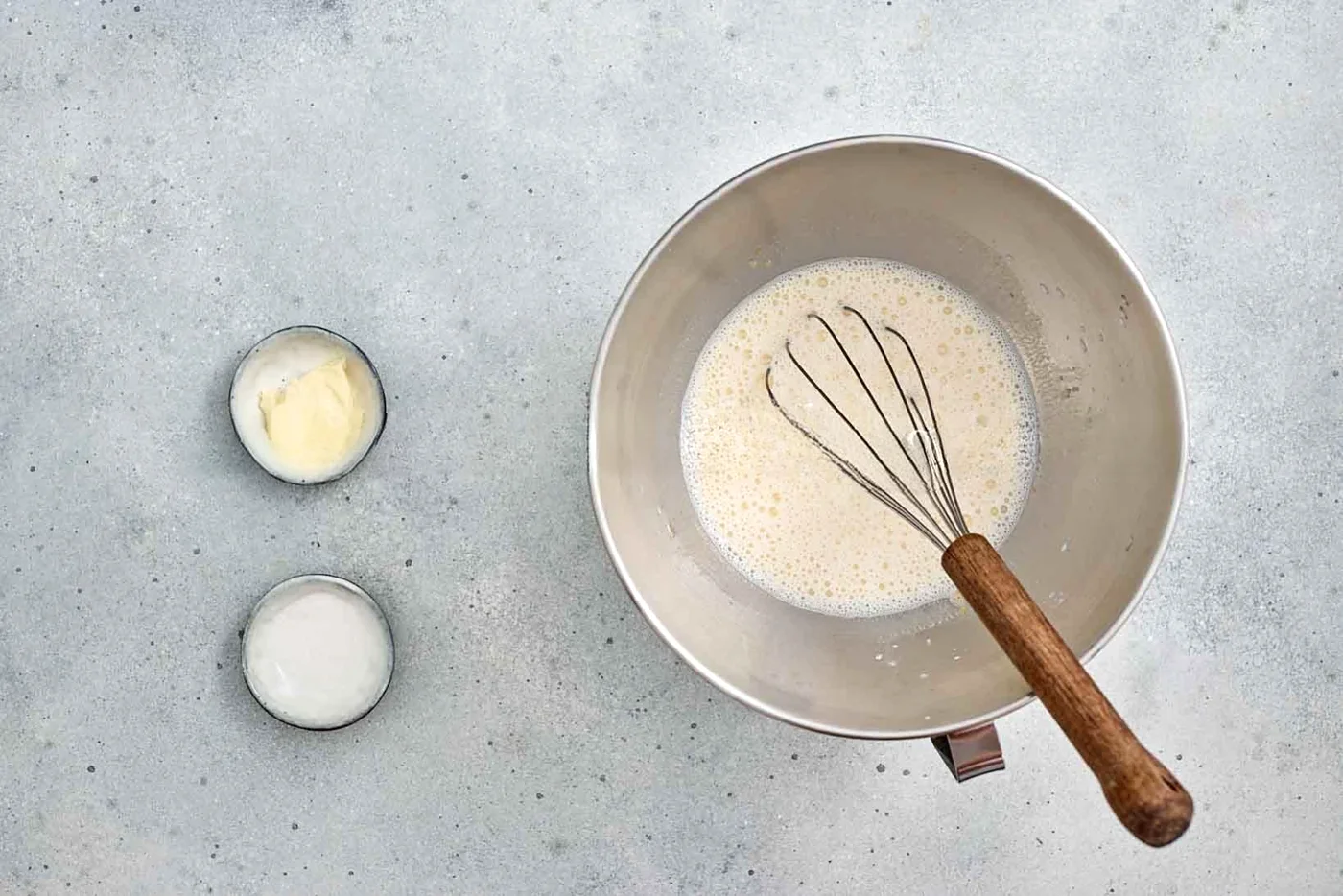 Cake mixture being whisked smooth in a bowl