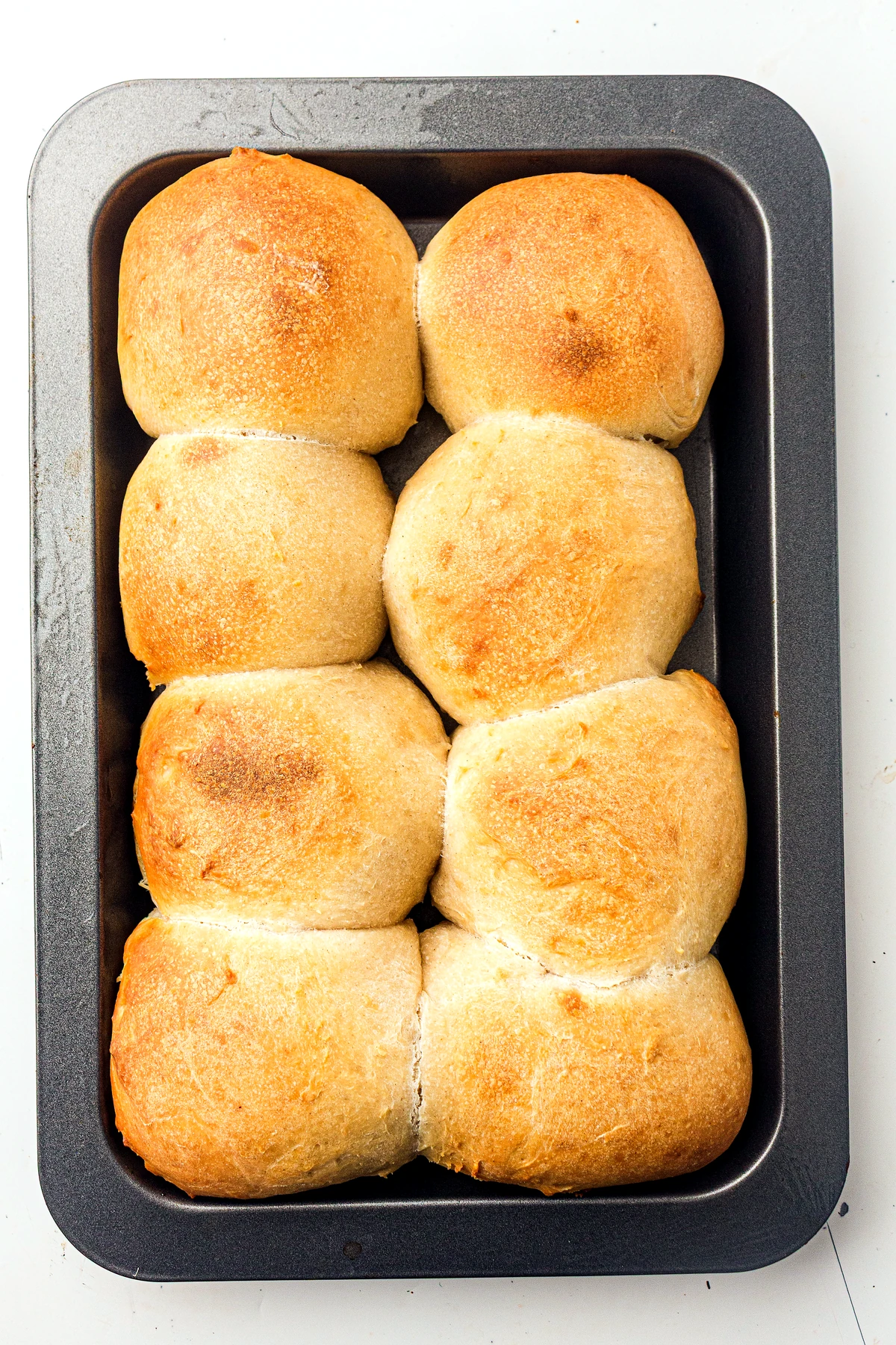 Pan of baked sourdough dinner rolls