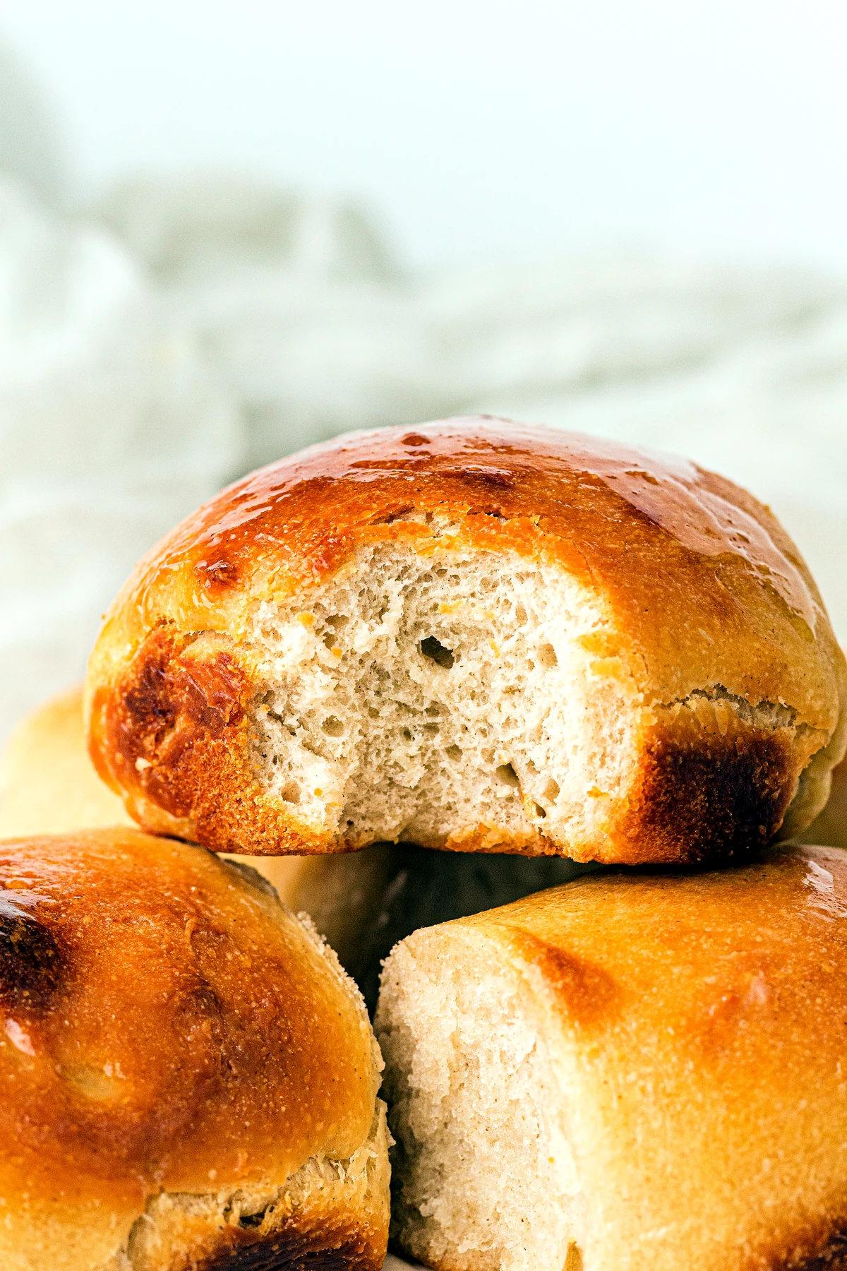 Close look at the inside of a sourdough dinner roll