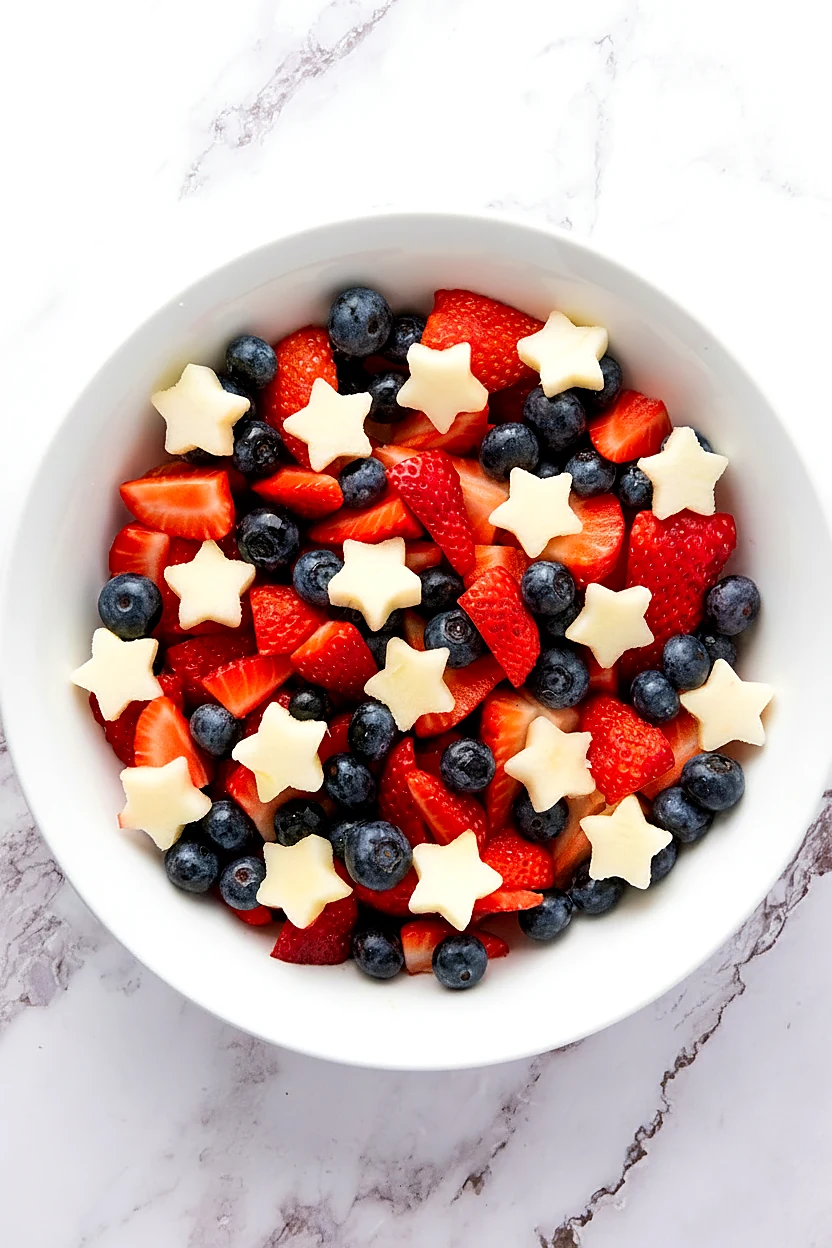 Apple stars added over strawberries and blueberries in a patriotic fruit salad