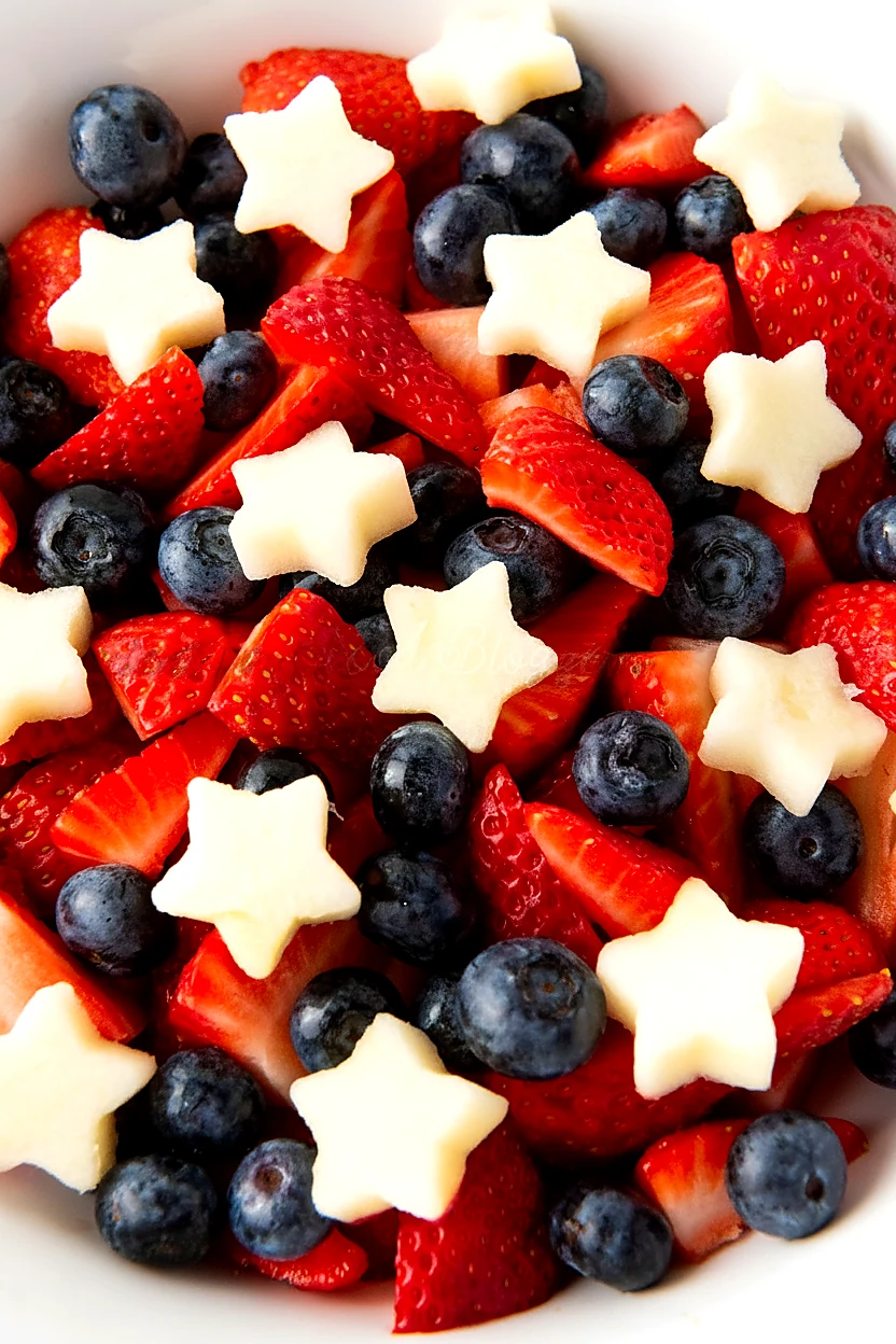 Close up of apple stars strawberries and blueberries in star spangled fruit salad