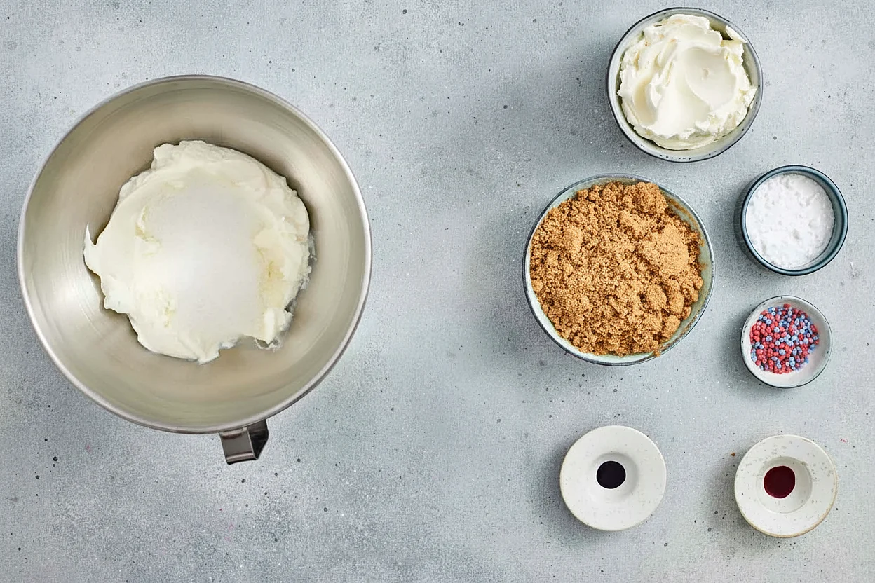 Cream cheese beaten smooth in a stand mixer bowl