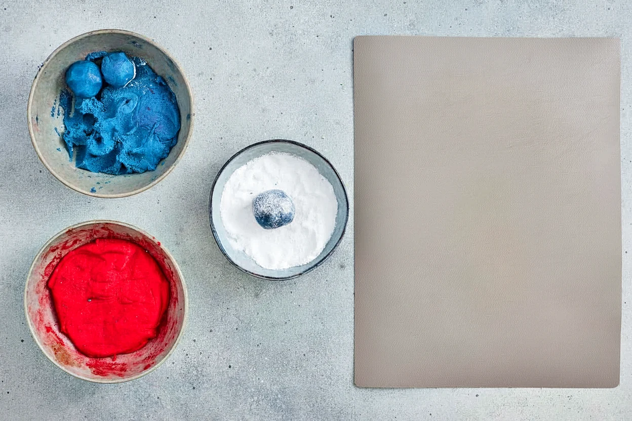 Chilled red and blue crinkle cookie dough next to a bowl of powdered sugar
