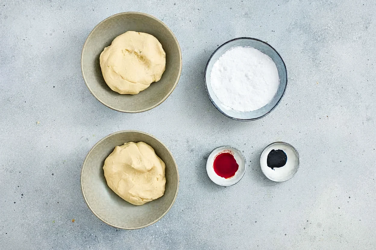 Crinkle cookie dough divided into two bowls with powdered sugar and gel food coloring