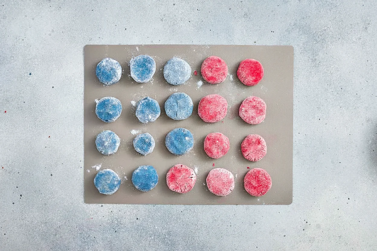 Red and blue crinkle cookie dough balls rolled in powdered sugar on a sheet pan