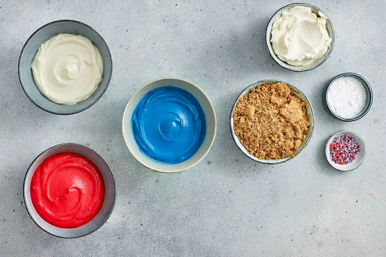 Three bowls of red white and blue cheesecake filling ready to layer