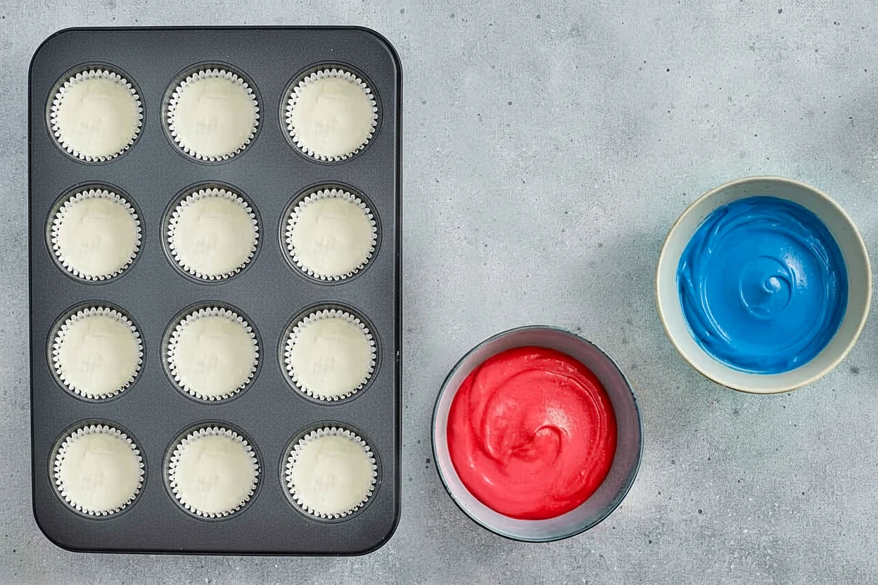 White cheesecake layer spooned over graham cracker crust in muffin tin