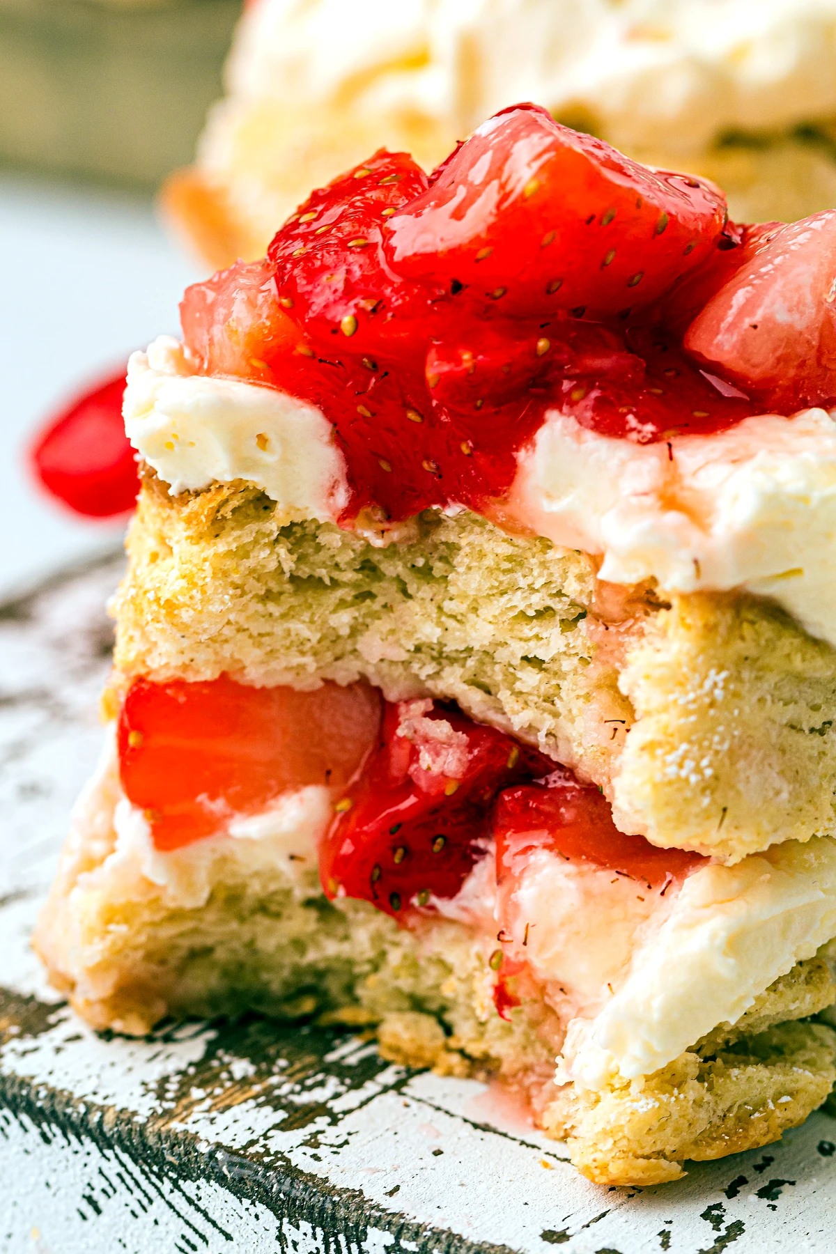 Close bite view of strawberry shortcake