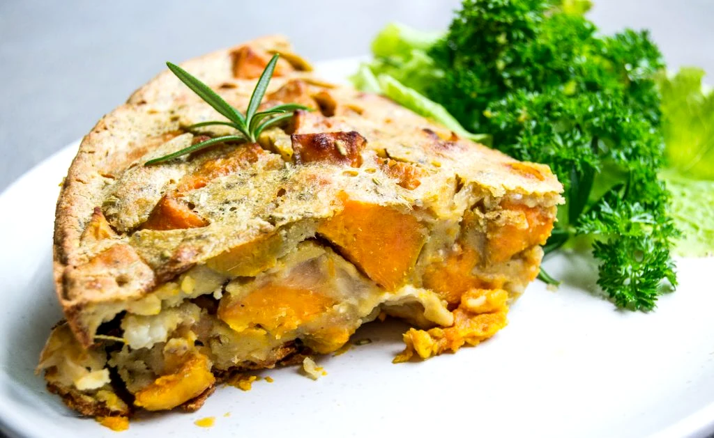 Plated side view of vegan sweet potato frittata