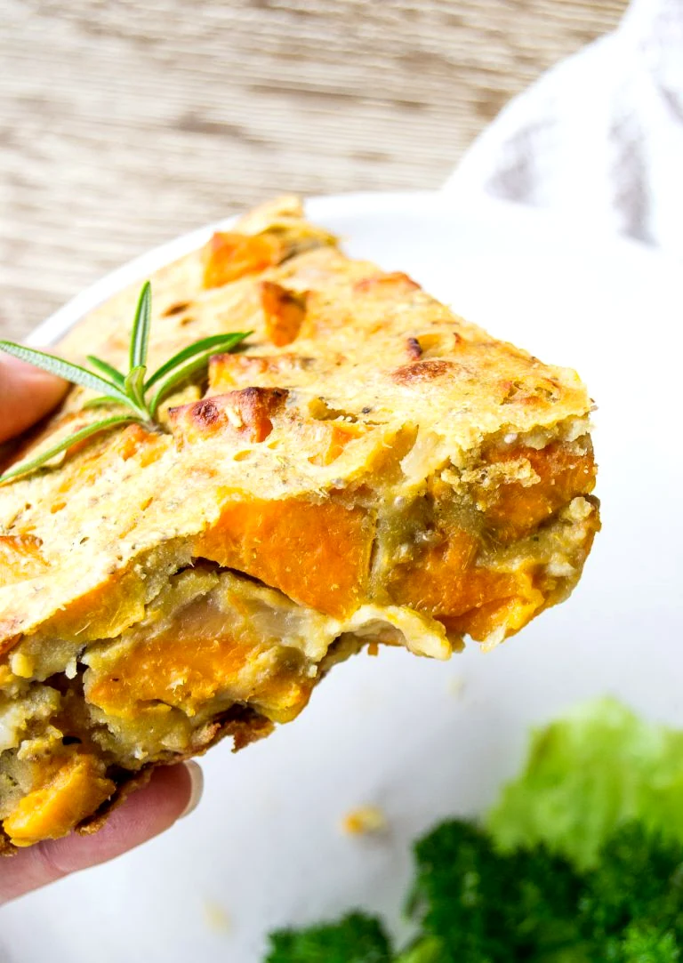 Close up slice of vegan sweet potato frittata
